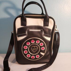Betsey Johnson Black and White Faux Leather Telephone Print Insulated Lunch Bag